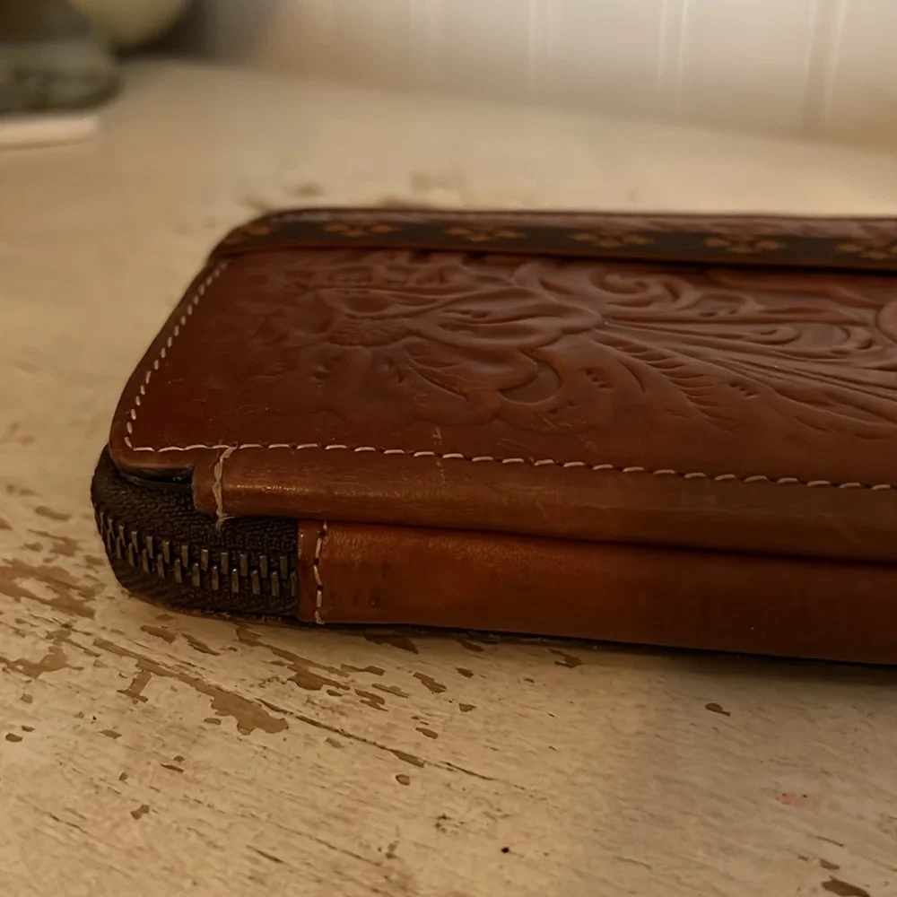 Patricia Nash Embossed Brown Leather Wallet zip around fold over